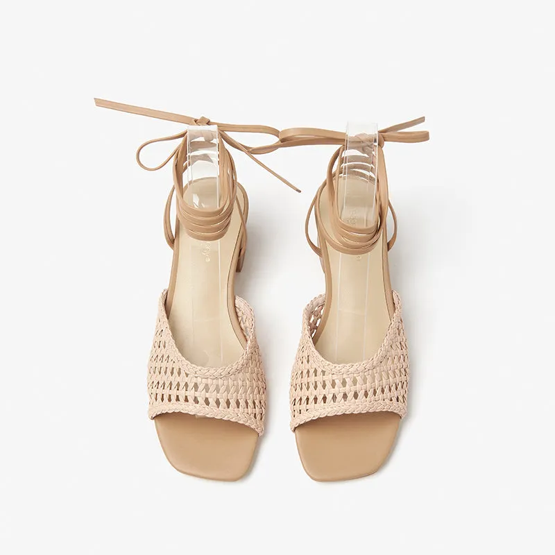 BeauToday Light Pink Leather Woven Ankle Wrap Sandals for Women