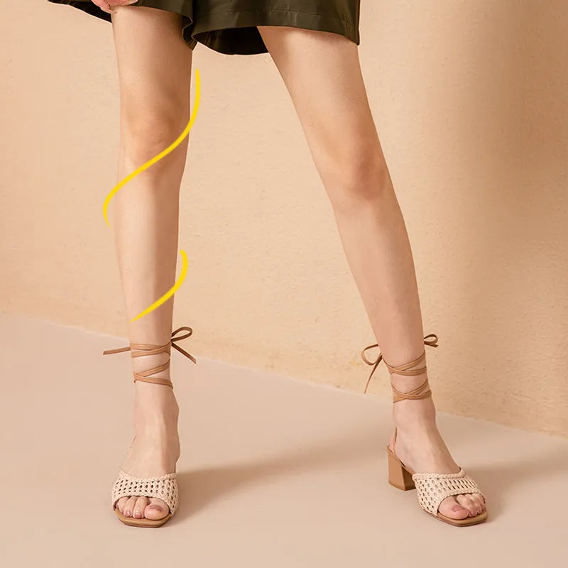 BeauToday Light Pink Leather Woven Ankle Wrap Sandals for Women