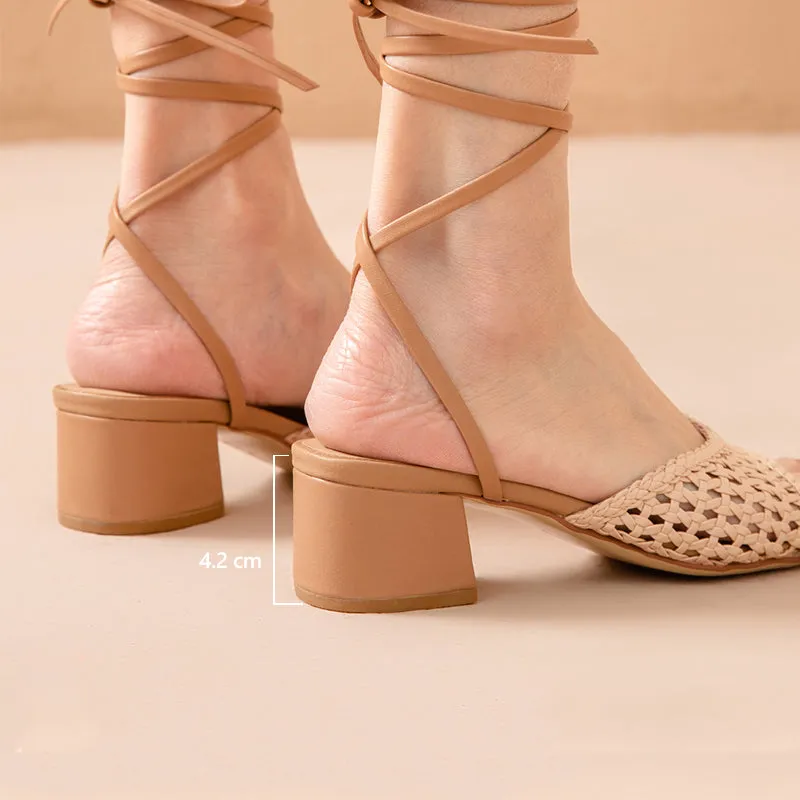 BeauToday Light Pink Leather Woven Ankle Wrap Sandals for Women