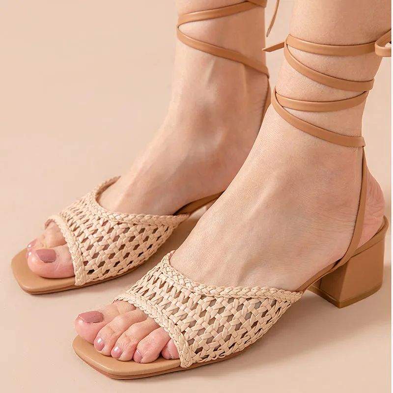 BeauToday Light Pink Leather Woven Ankle Wrap Sandals for Women