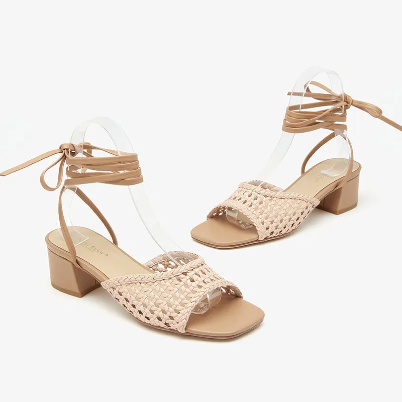 BeauToday Light Pink Leather Woven Ankle Wrap Sandals for Women