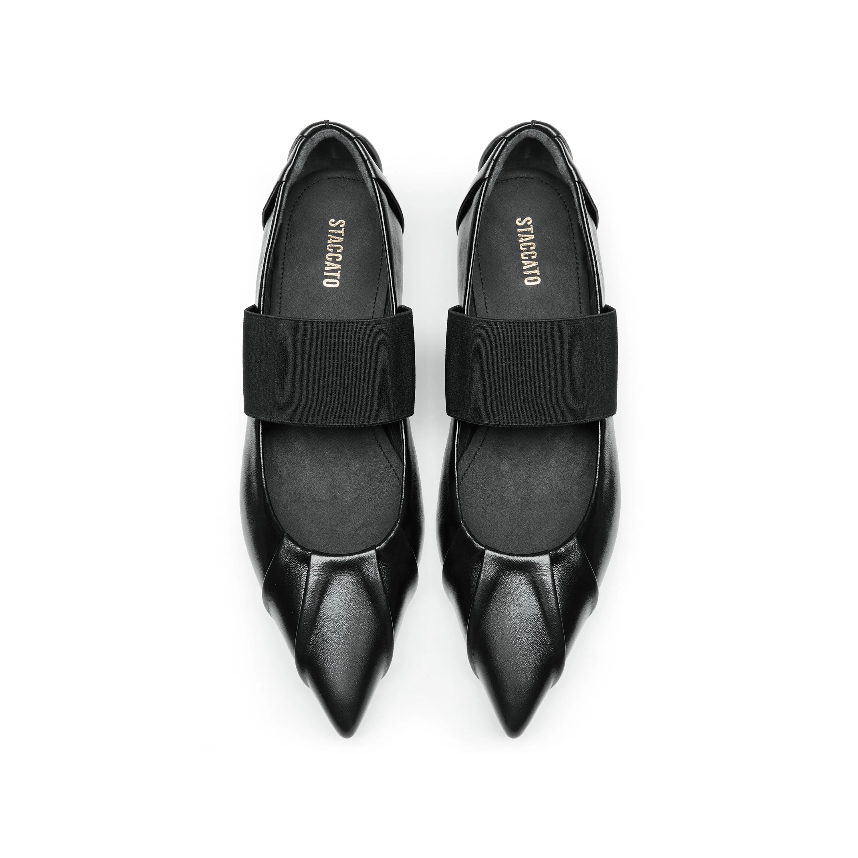 Black Pleated Leather Pointed Ballerina Flats