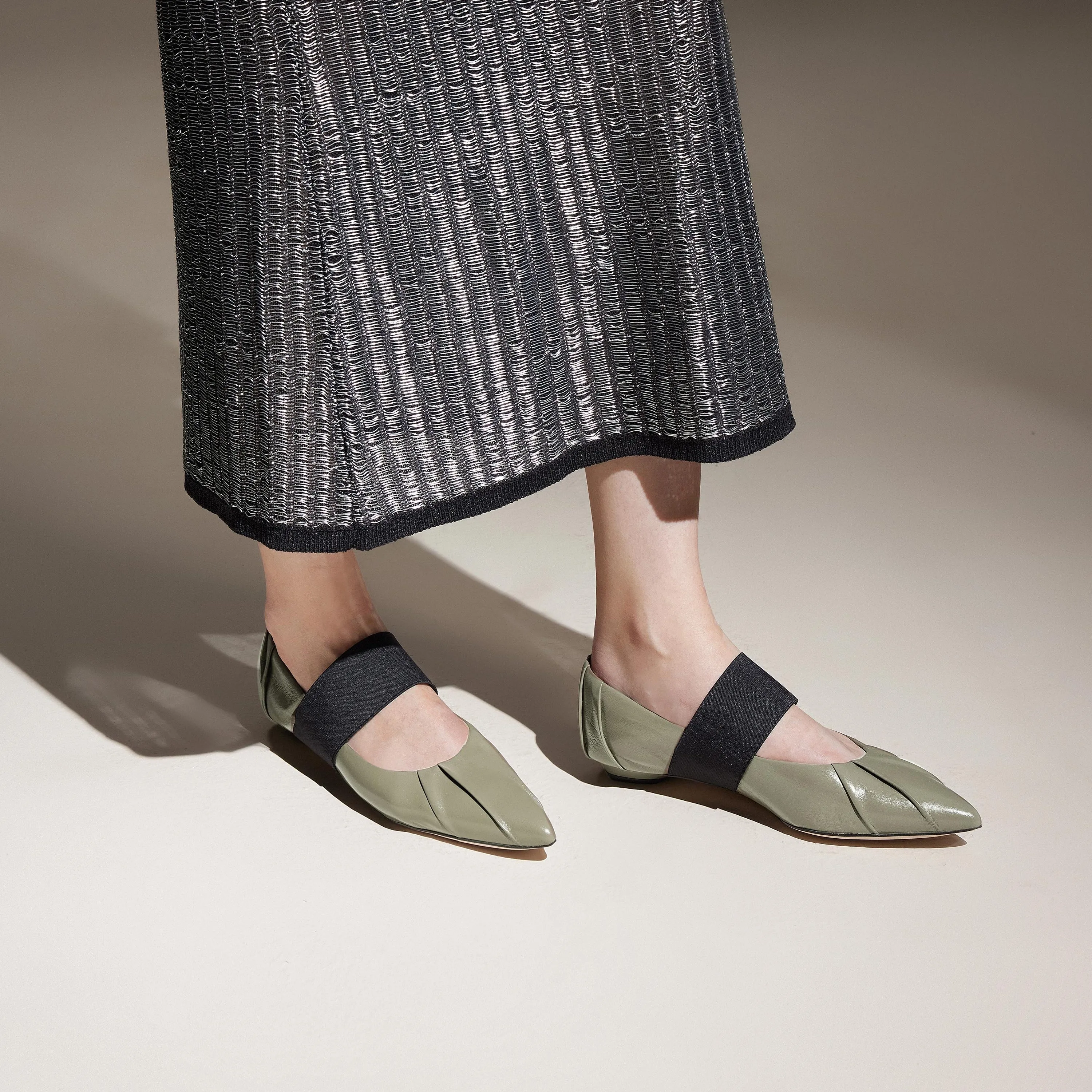 Black Pleated Leather Pointed Ballerina Flats