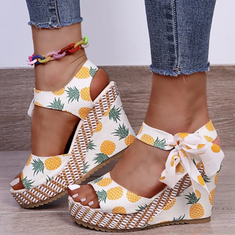 Cute bowknot platform sandals lace up peep toe wedge sandals