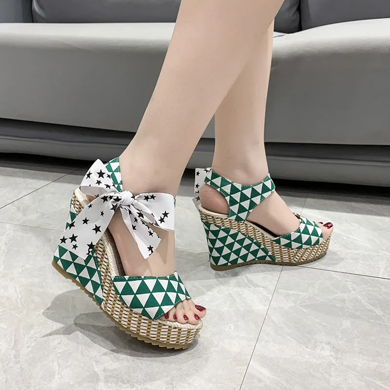 Cute bowknot platform sandals lace up peep toe wedge sandals