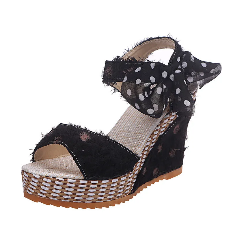 Cute bowknot platform sandals lace up peep toe wedge sandals