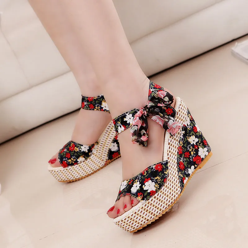 Cute bowknot platform sandals lace up peep toe wedge sandals