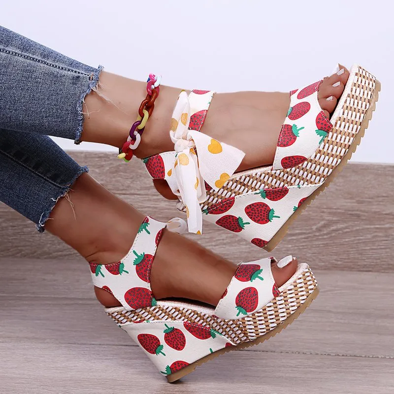Cute bowknot platform sandals lace up peep toe wedge sandals
