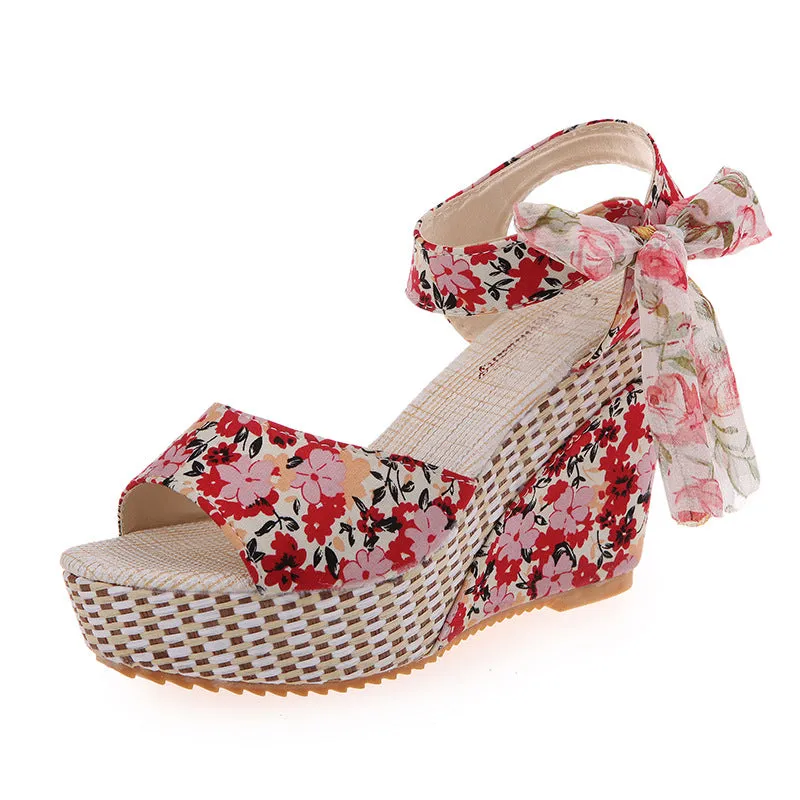 Cute bowknot platform sandals lace up peep toe wedge sandals