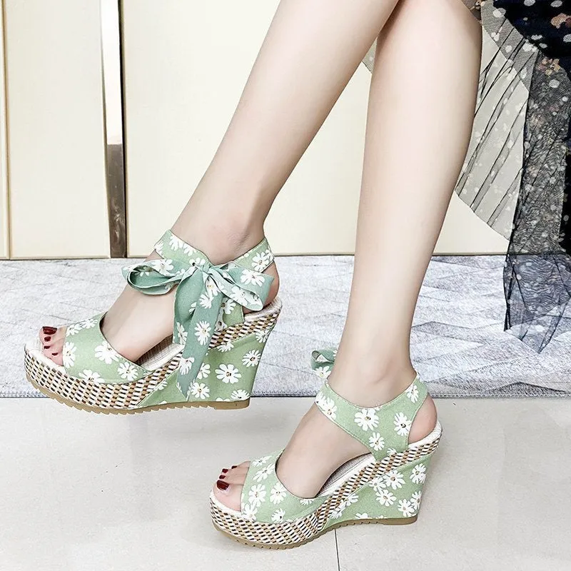 Cute bowknot platform sandals lace up peep toe wedge sandals