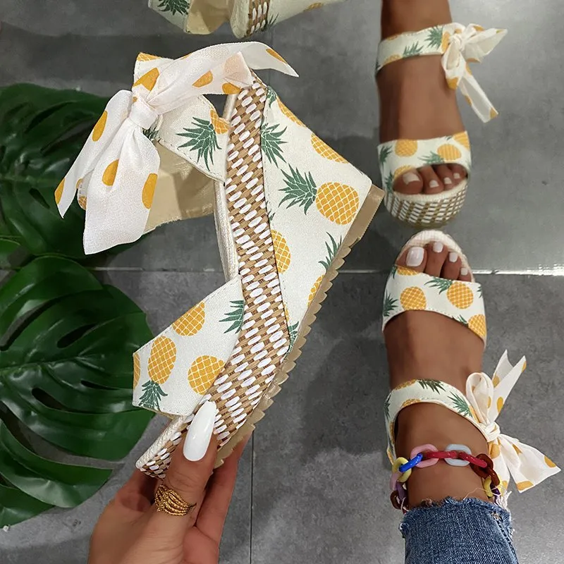 Cute bowknot platform sandals lace up peep toe wedge sandals
