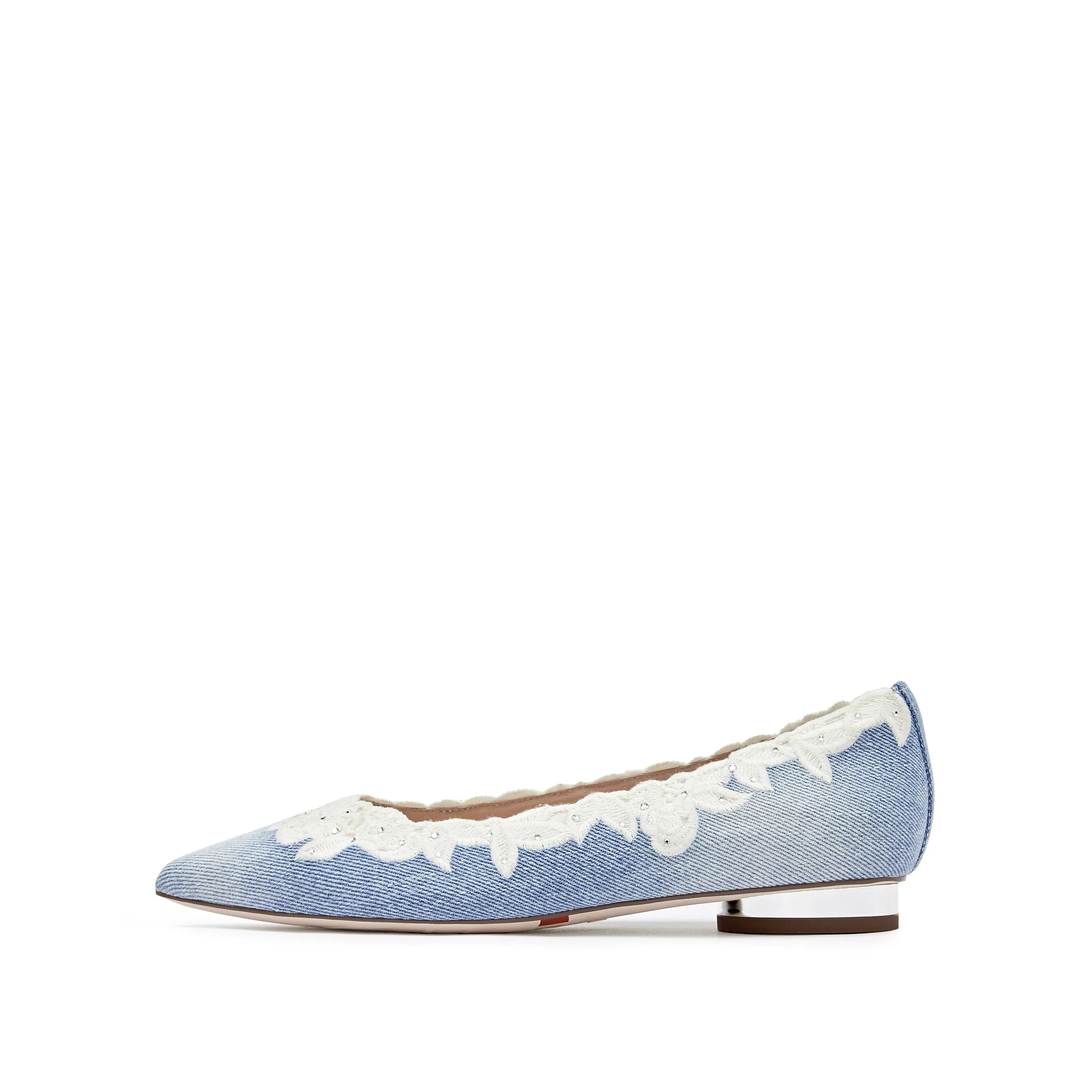 Denim Lace Crystal Pointy Flats