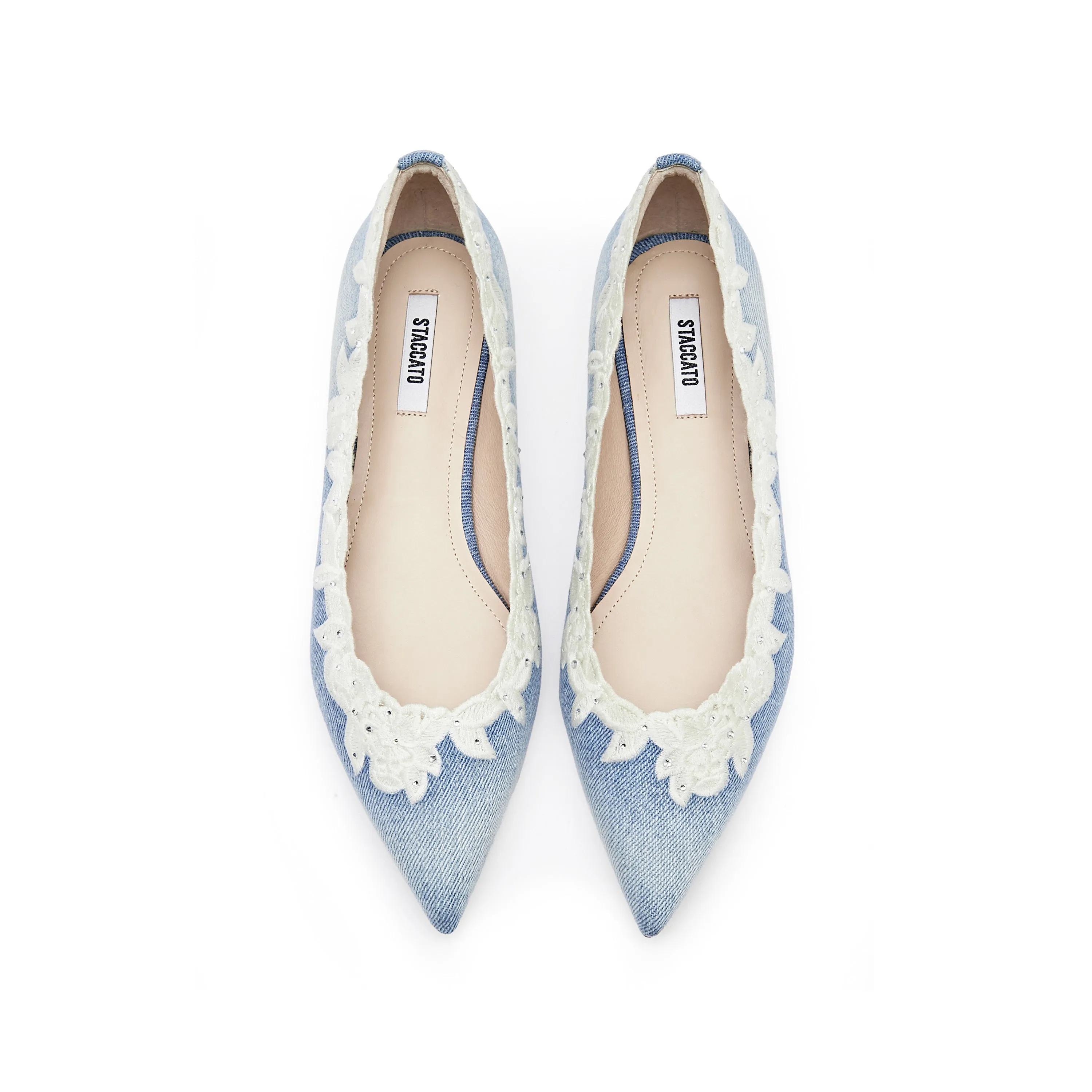 Denim Lace Crystal Pointy Flats