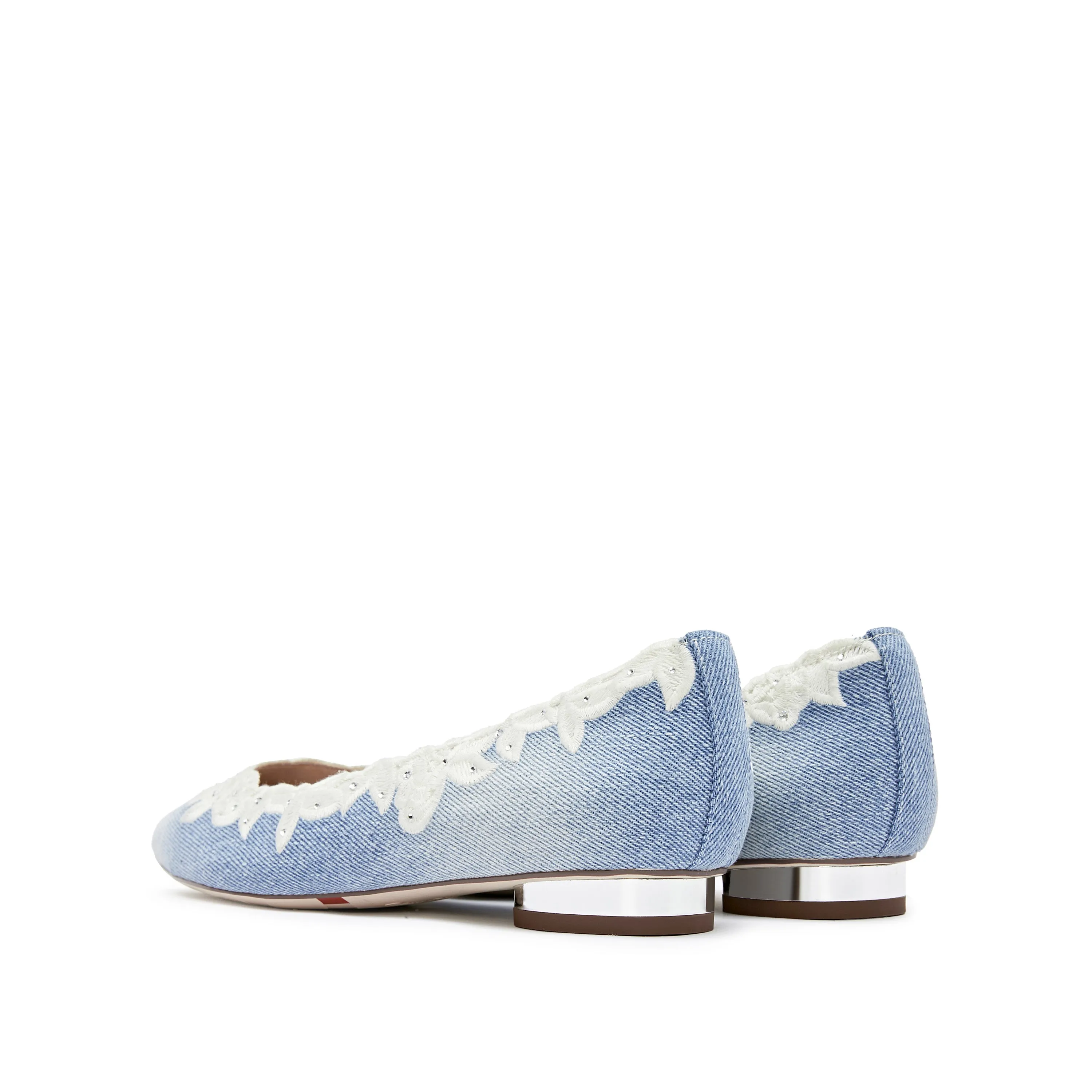 Denim Lace Crystal Pointy Flats
