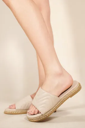 ESPADRILLE FLAT MULES WITH ZIG ZAG STITCH DETAILS IN NUDE FAUX LEATHER