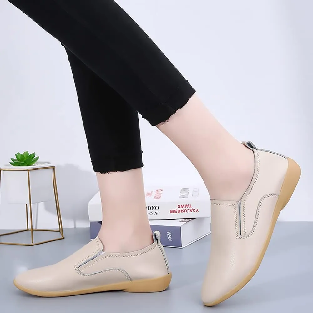 FolHaoth Womens Leather Loafers Comfortable Slip On Casual Flats Moccasins Nurse Breathable Wild Walking Driving Fashion Soft Shoes