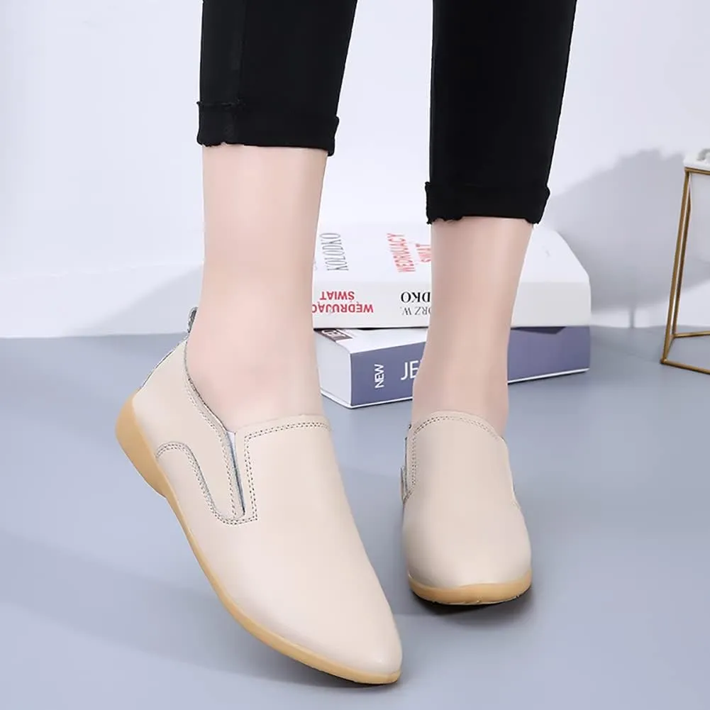 FolHaoth Womens Leather Loafers Comfortable Slip On Casual Flats Moccasins Nurse Breathable Wild Walking Driving Fashion Soft Shoes