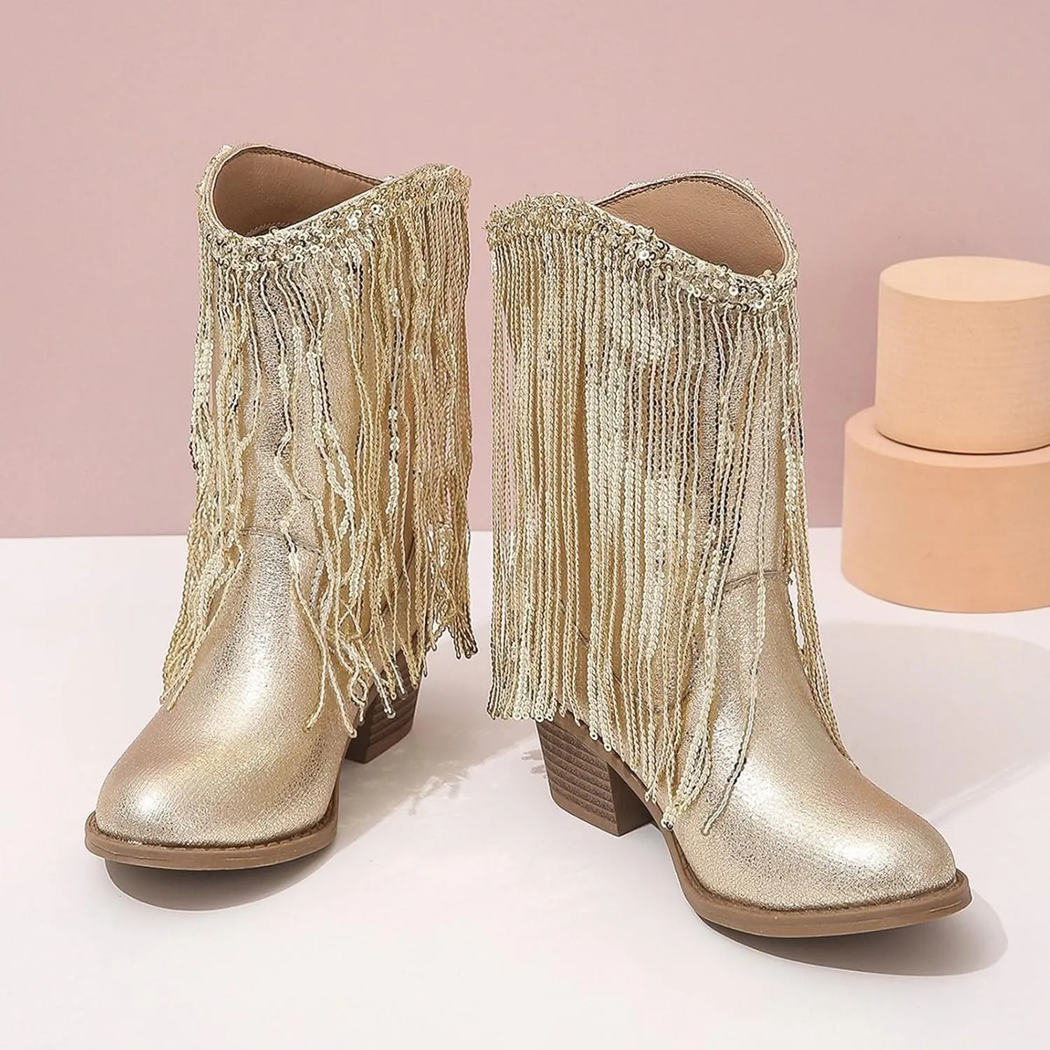 Girls Cowboy Boots Casual Leather Girl Western Boots High Calf High Heels Boots Waterproof Comfortable Ankle Boots