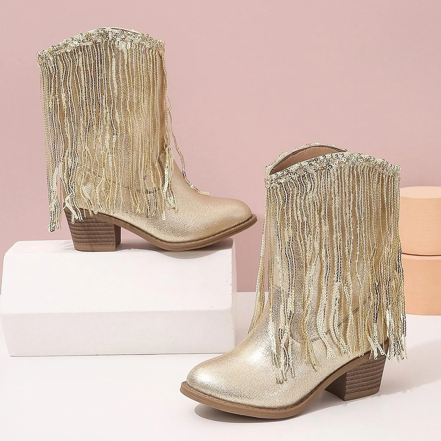 Girls Cowboy Boots Casual Leather Girl Western Boots High Calf High Heels Boots Waterproof Comfortable Ankle Boots