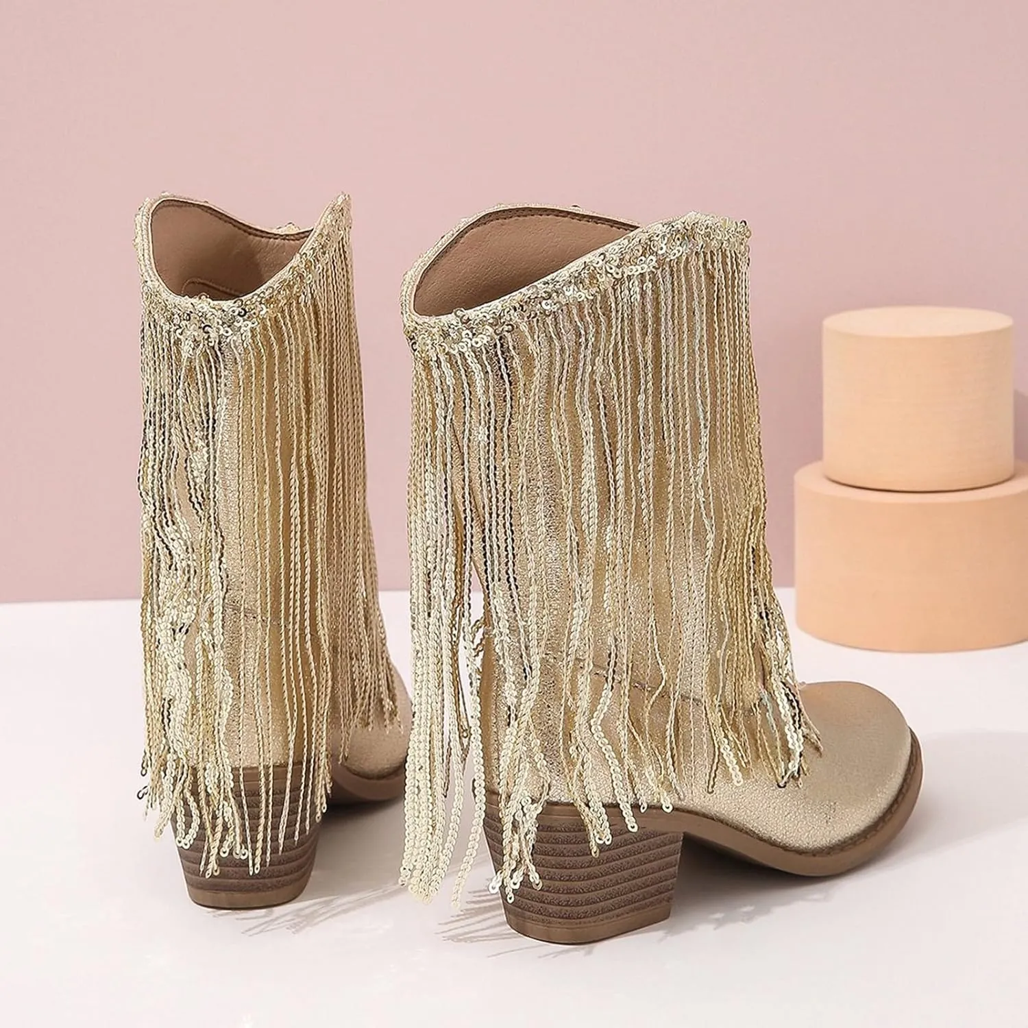 Girls Cowboy Boots Casual Leather Girl Western Boots High Calf High Heels Boots Waterproof Comfortable Ankle Boots
