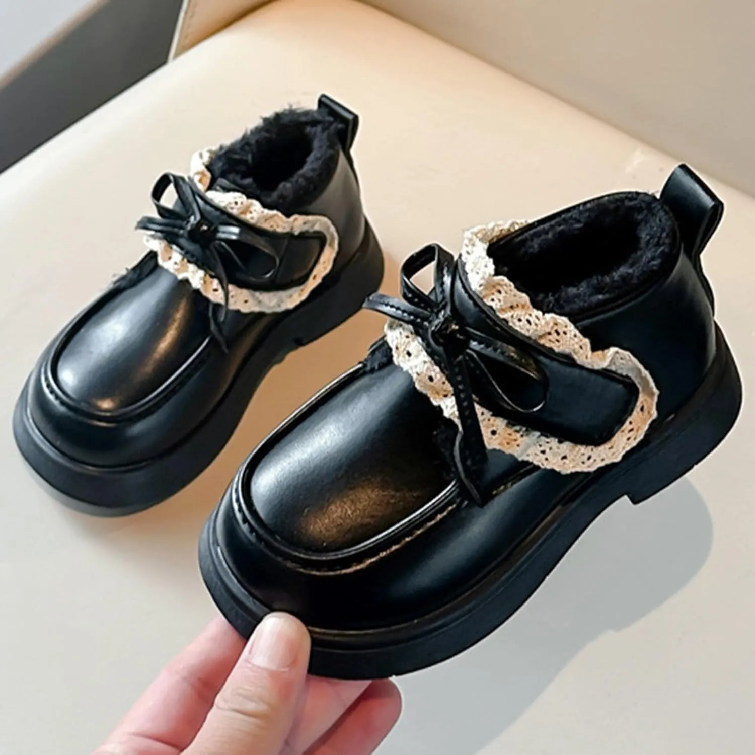 Girls Plush Liner Ankle Boots Toddler Leather Lace up Snow Boots Comfortable Warm Walking Boots Outdoor