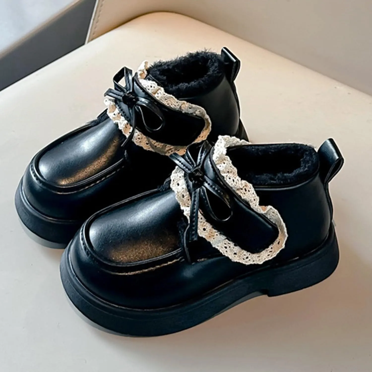 Girls Plush Liner Ankle Boots Toddler Leather Lace up Snow Boots Comfortable Warm Walking Boots Outdoor