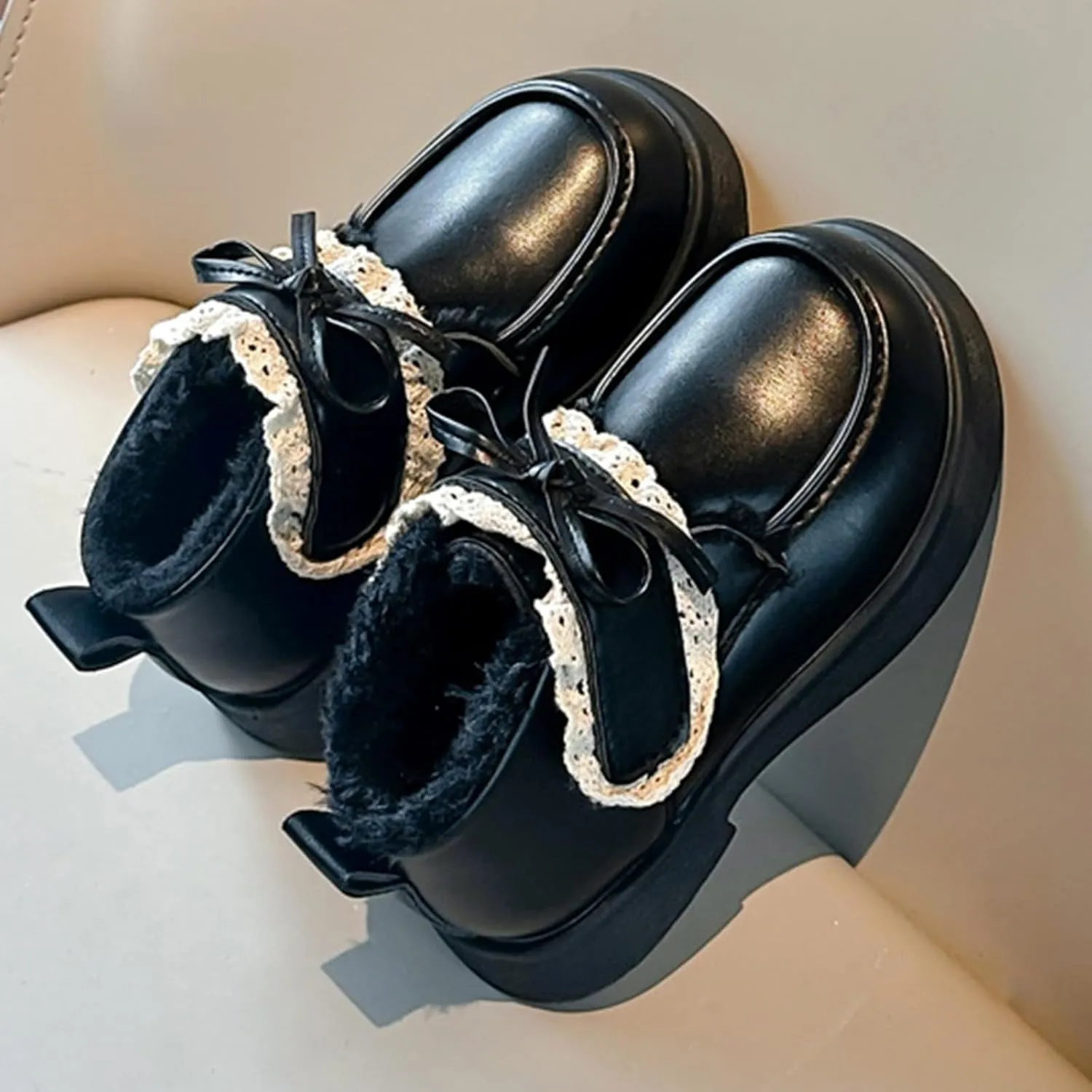 Girls Plush Liner Ankle Boots Toddler Leather Lace up Snow Boots Comfortable Warm Walking Boots Outdoor