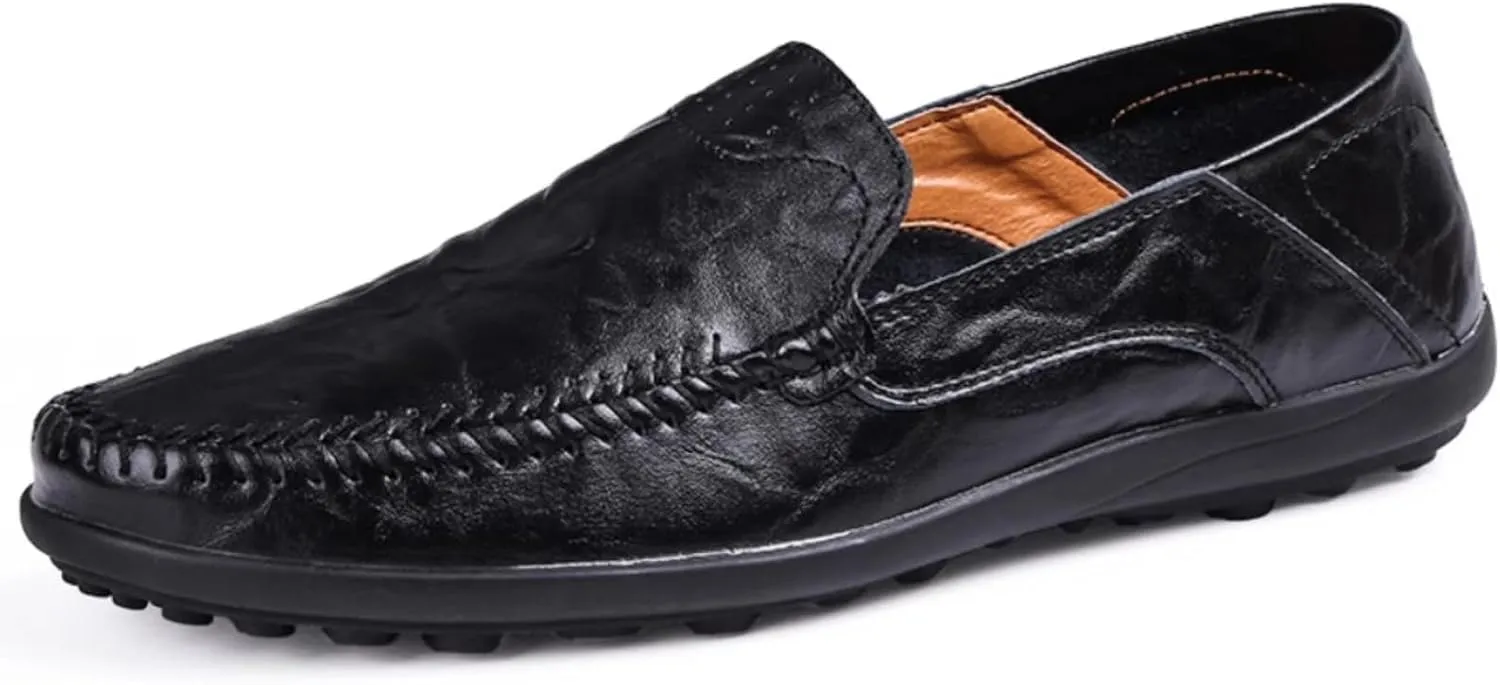 Mens Handmade Leather Slip-On Loafers Casual Round Toe Flat Penny Loafers Soft Breathable Driving Walking Boat Shoes (Black,10)