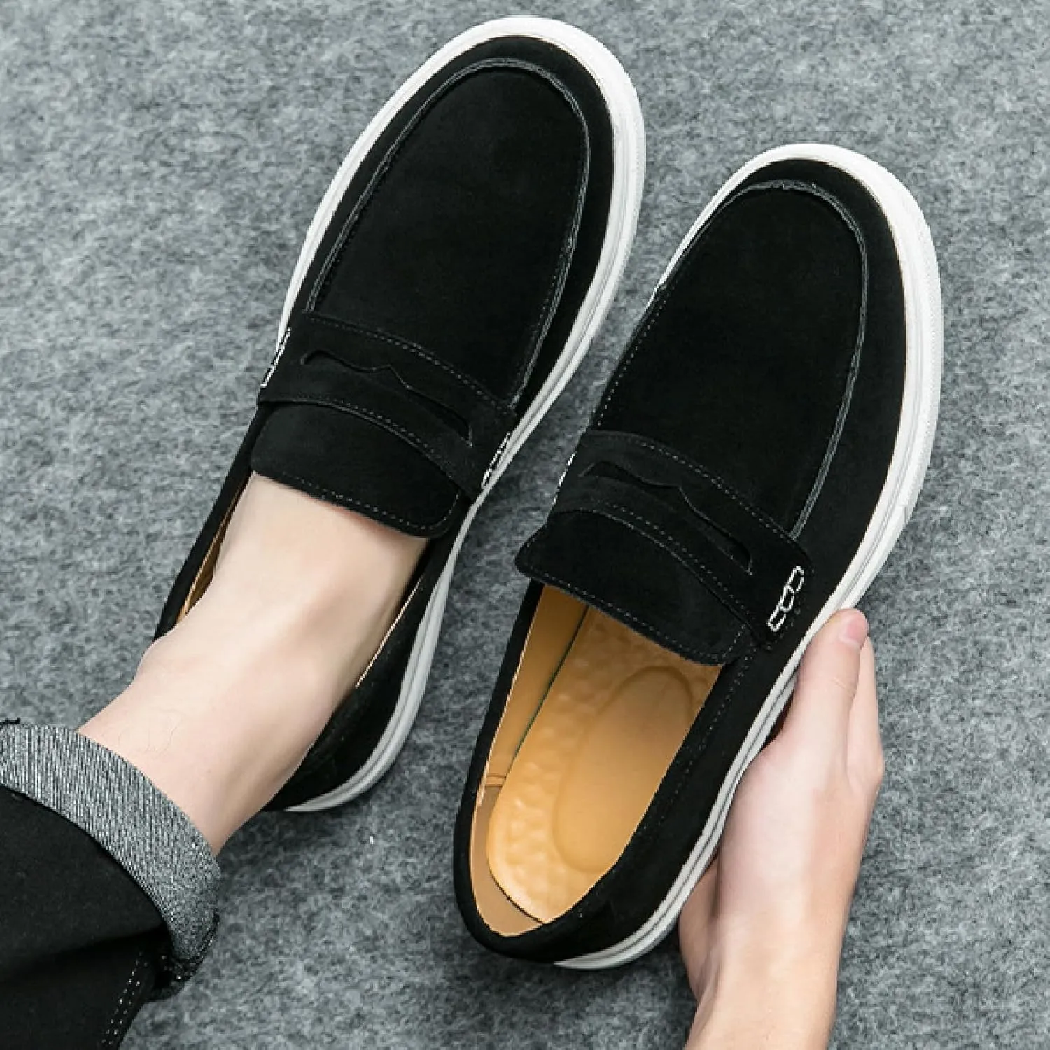 Men's Suede Leather Platform Penny Loafers Soft Comfortable Round Toe Flat Slip-On Business Casual Shoes for Outdoor Driving Walking Dress Shoes