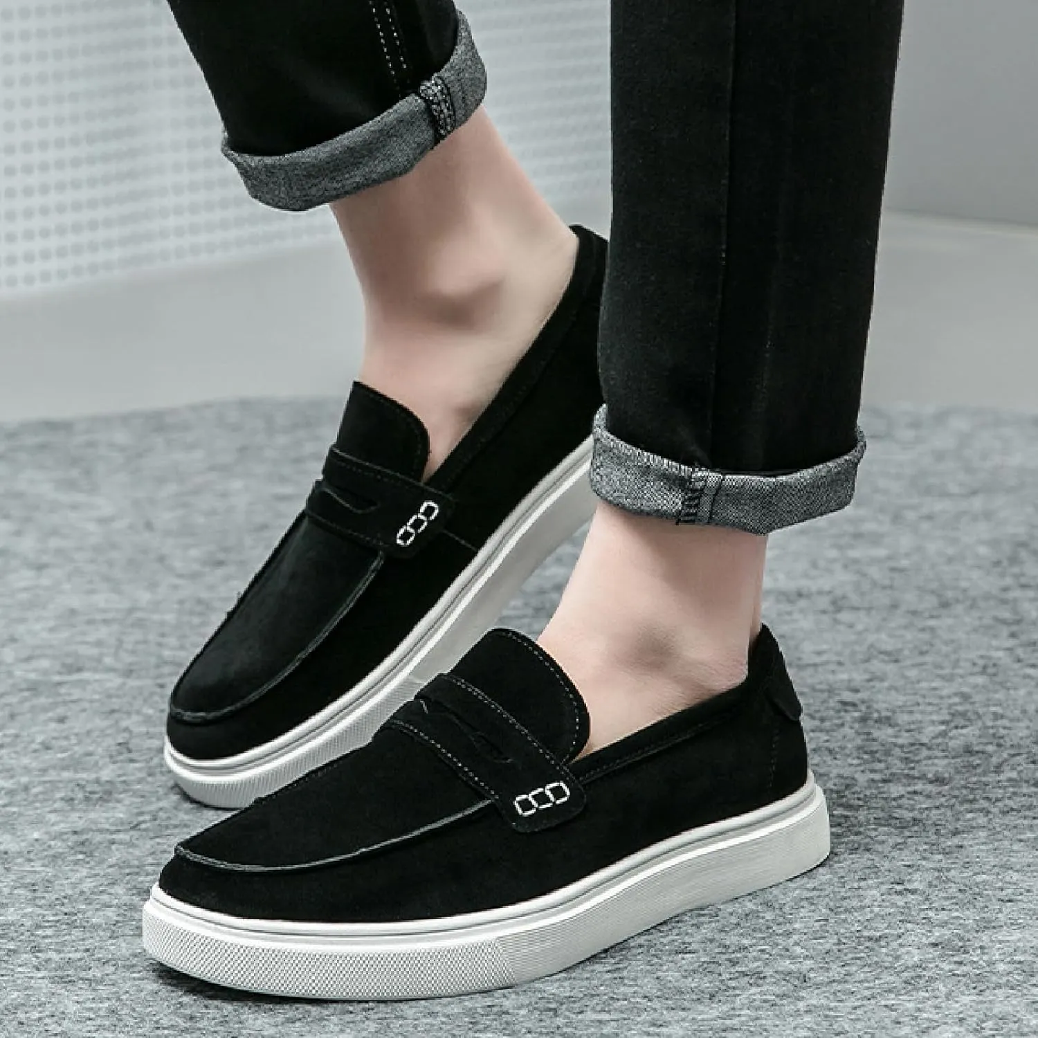 Men's Suede Leather Platform Penny Loafers Soft Comfortable Round Toe Flat Slip-On Business Casual Shoes for Outdoor Driving Walking Dress Shoes
