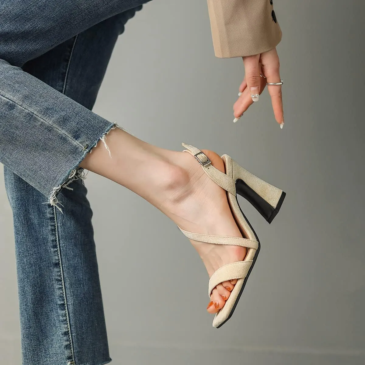 Roimaash Women Elegant Dressy Sandals Chunky Heels Open Toe Strappy Summer Shoes Slingback