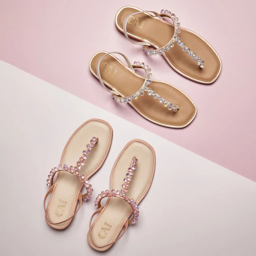 T-strap Peach Crystal Thong Flats