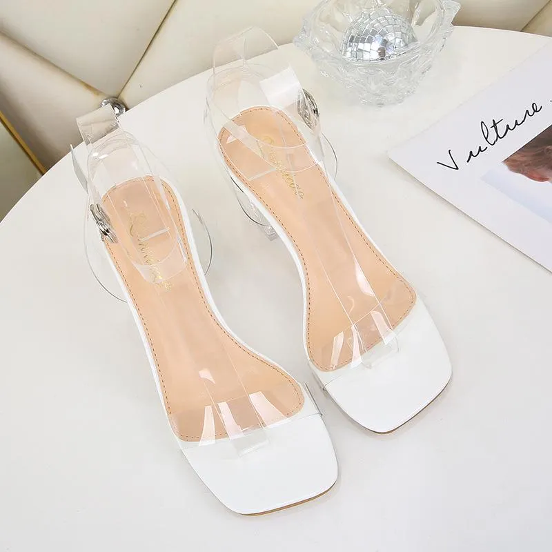 Women square peep toe buckle ankle strap chunky clear heels