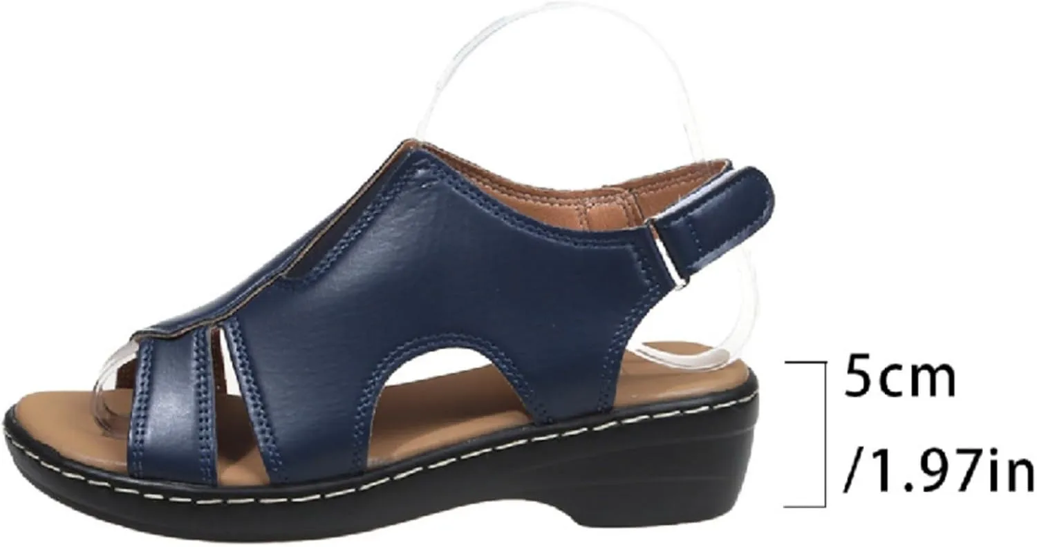 Women's Faux Leather Solid Sandal Hook and Loop Low Heel Open Toe Hollow Out Shoe Trendy Casual Summer Sandals