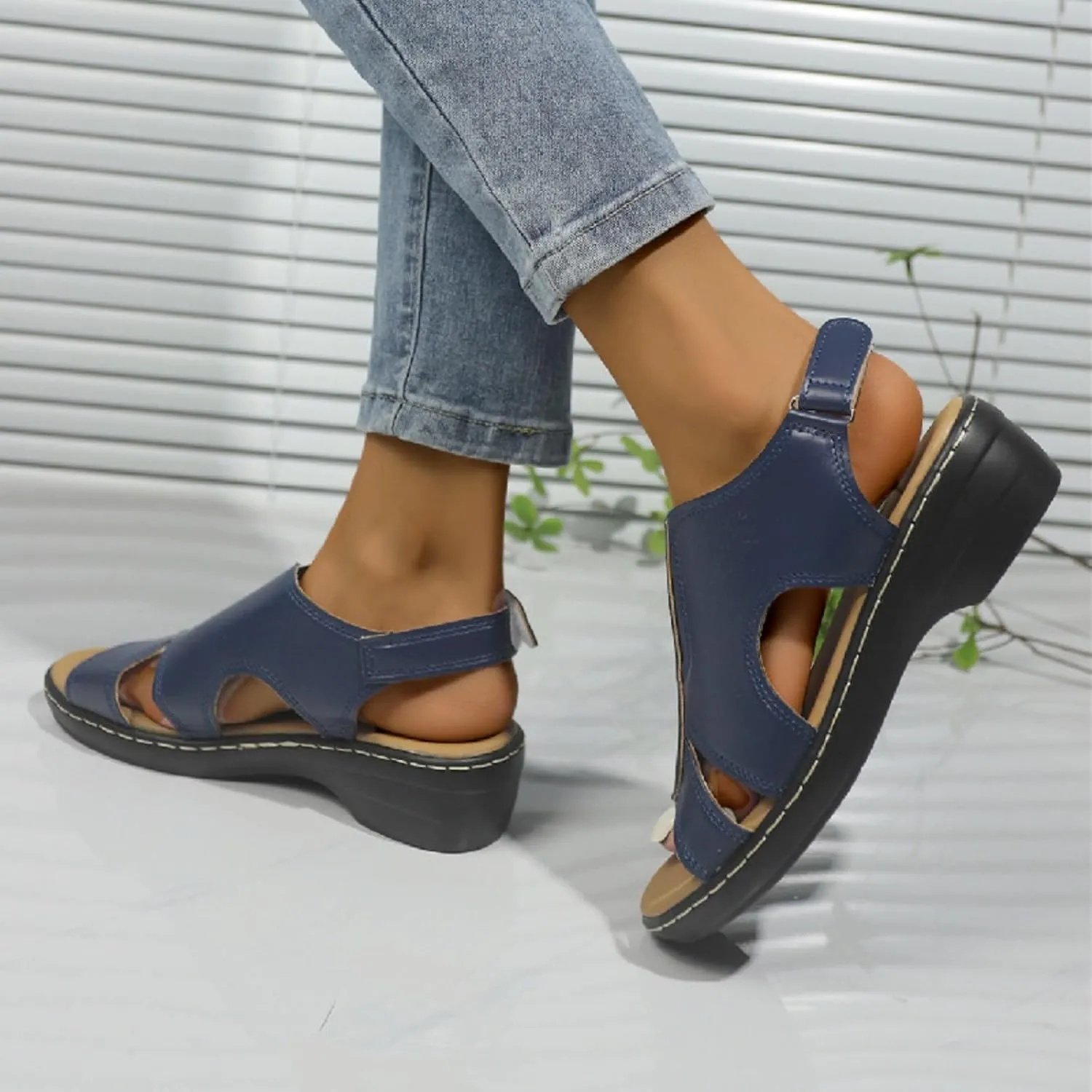 Women's Faux Leather Solid Sandal Hook and Loop Low Heel Open Toe Hollow Out Shoe Trendy Casual Summer Sandals