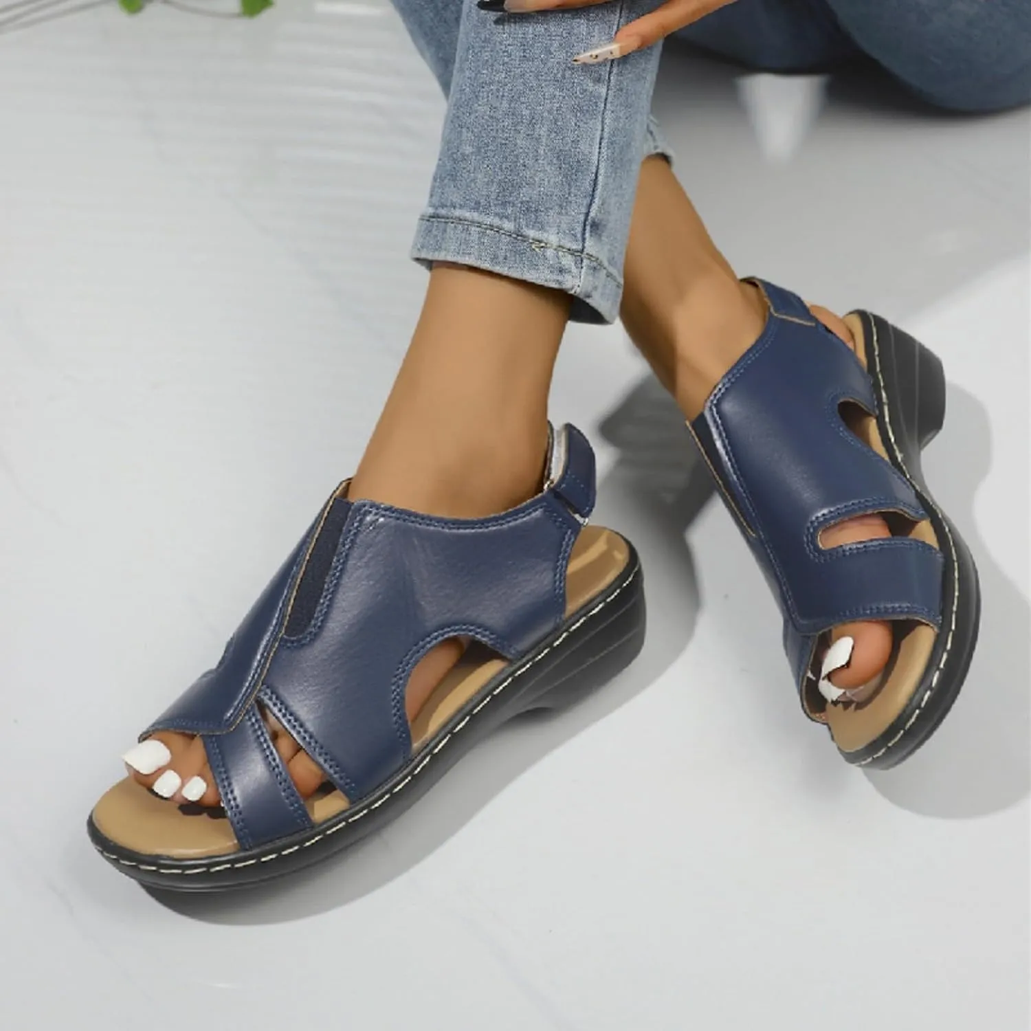 Women's Faux Leather Solid Sandal Hook and Loop Low Heel Open Toe Hollow Out Shoe Trendy Casual Summer Sandals