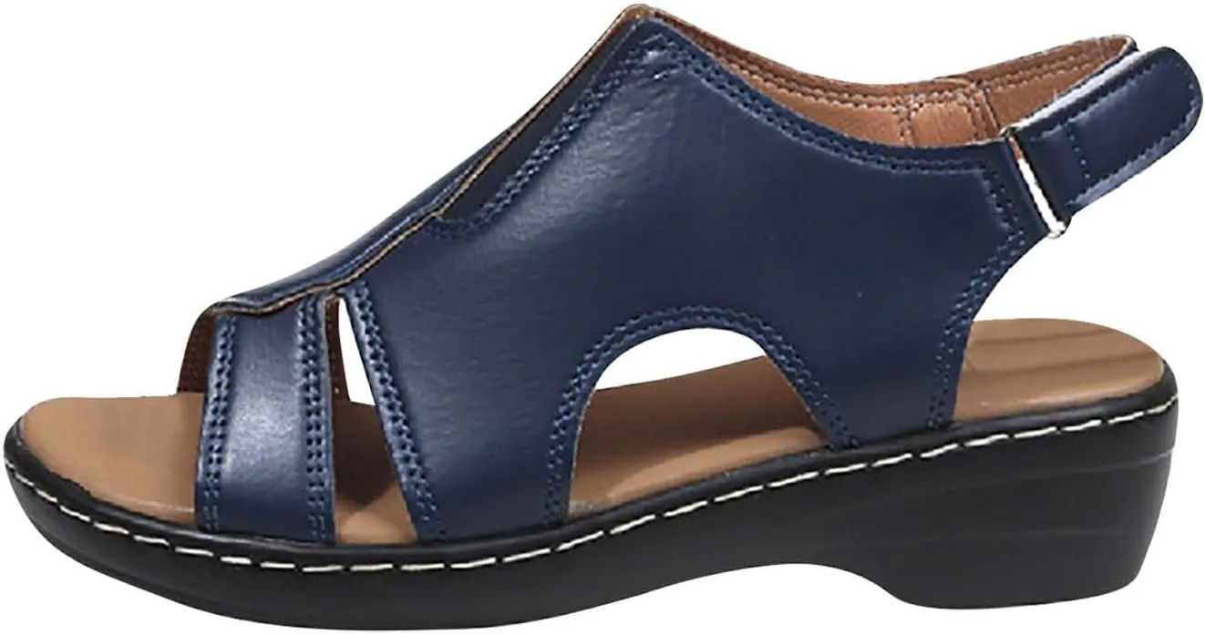 Women's Faux Leather Solid Sandal Hook and Loop Low Heel Open Toe Hollow Out Shoe Trendy Casual Summer Sandals