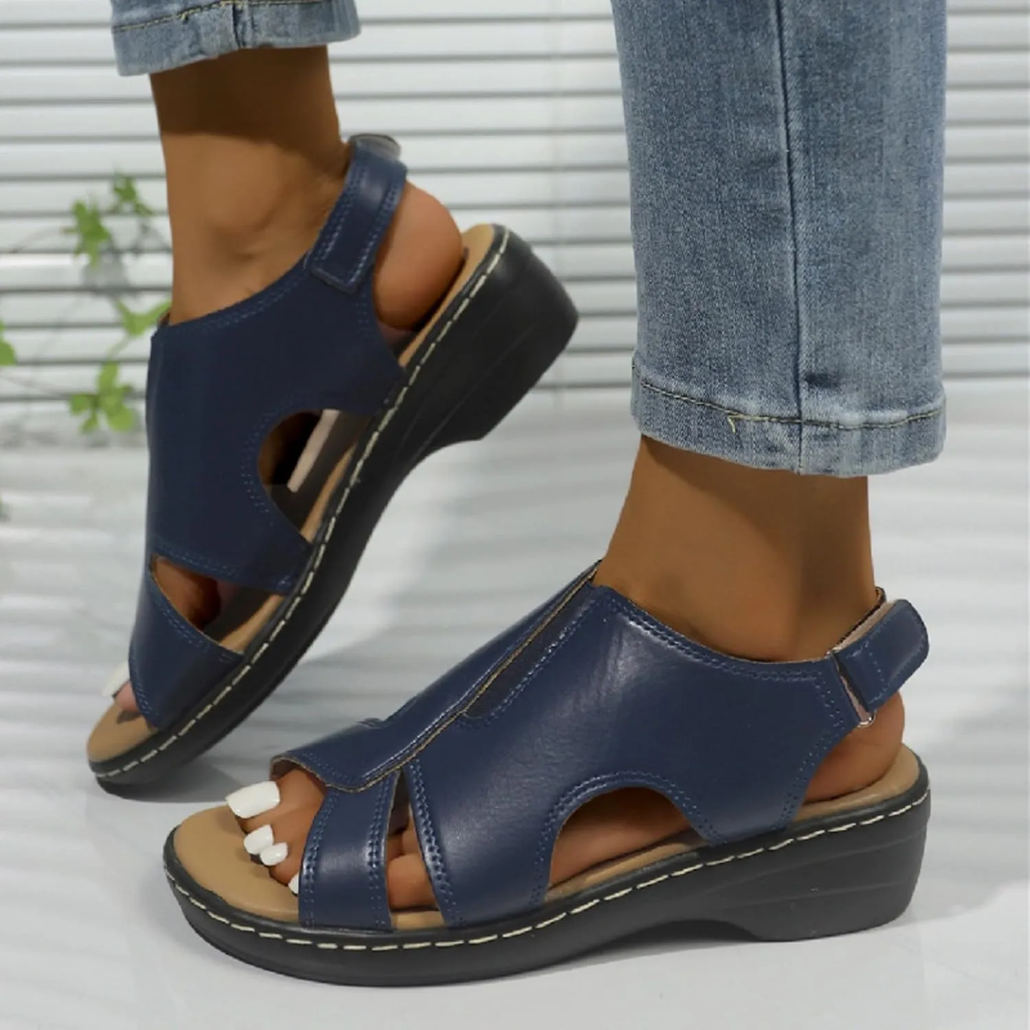 Women's Faux Leather Solid Sandal Hook and Loop Low Heel Open Toe Hollow Out Shoe Trendy Casual Summer Sandals