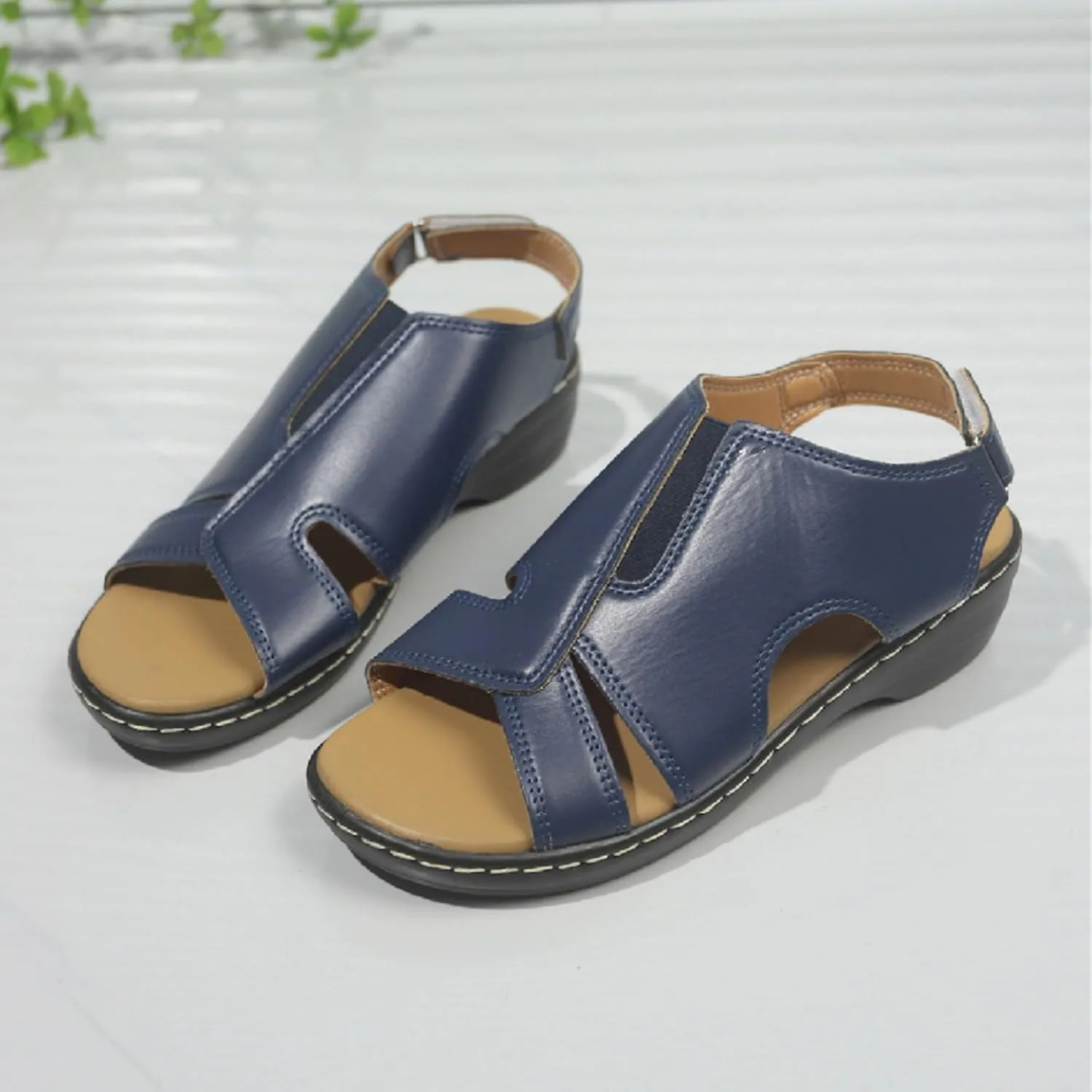 Women's Faux Leather Solid Sandal Hook and Loop Low Heel Open Toe Hollow Out Shoe Trendy Casual Summer Sandals
