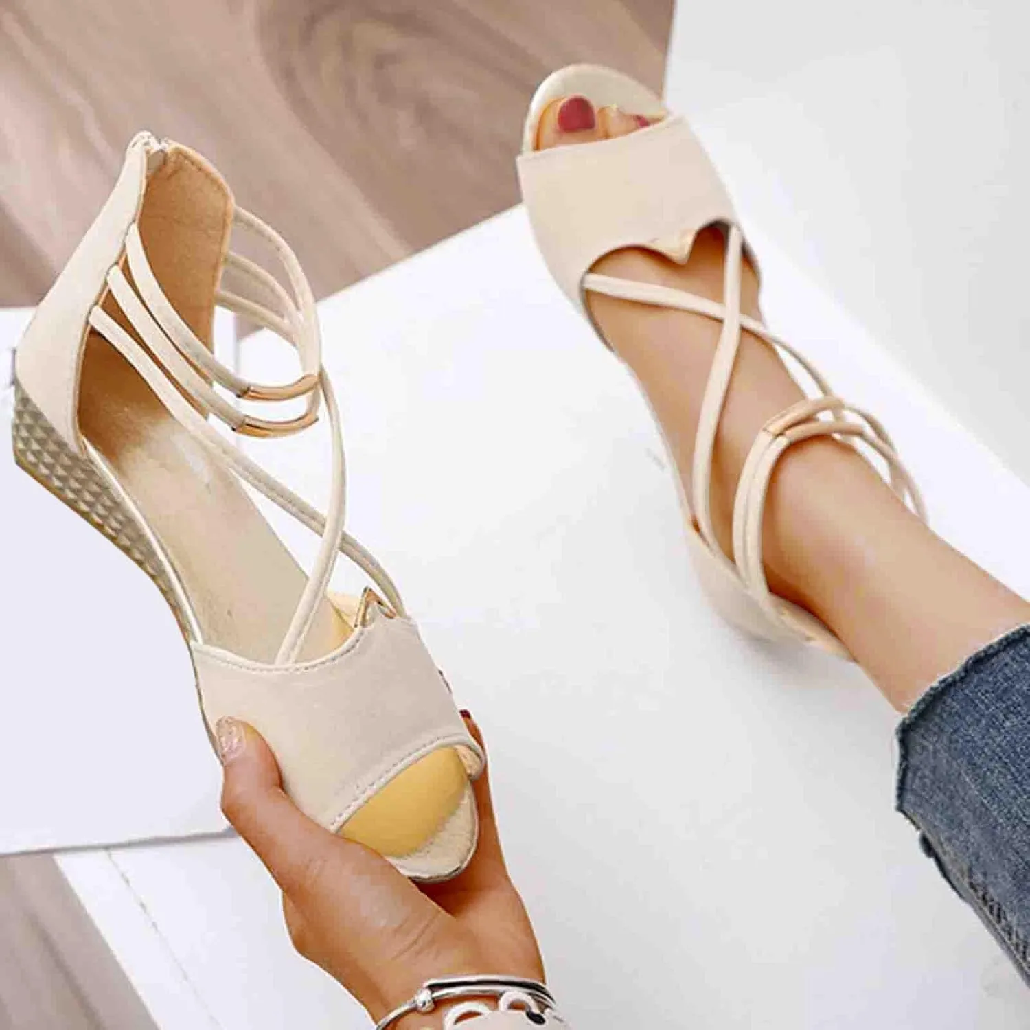 Women's Open Toe Solid Sandals Back Zipper Strappy Trendy Flat Elegant Business Summer Sandal High Elastic Shoe