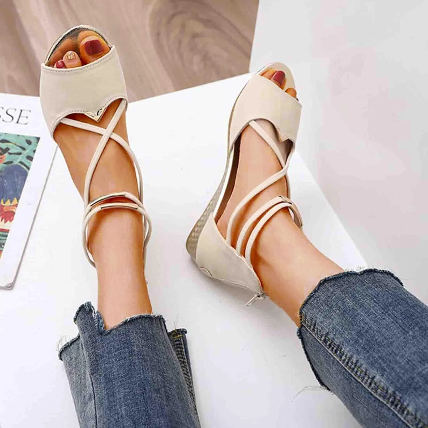 Women's Open Toe Solid Sandals Back Zipper Strappy Trendy Flat Elegant Business Summer Sandal High Elastic Shoe