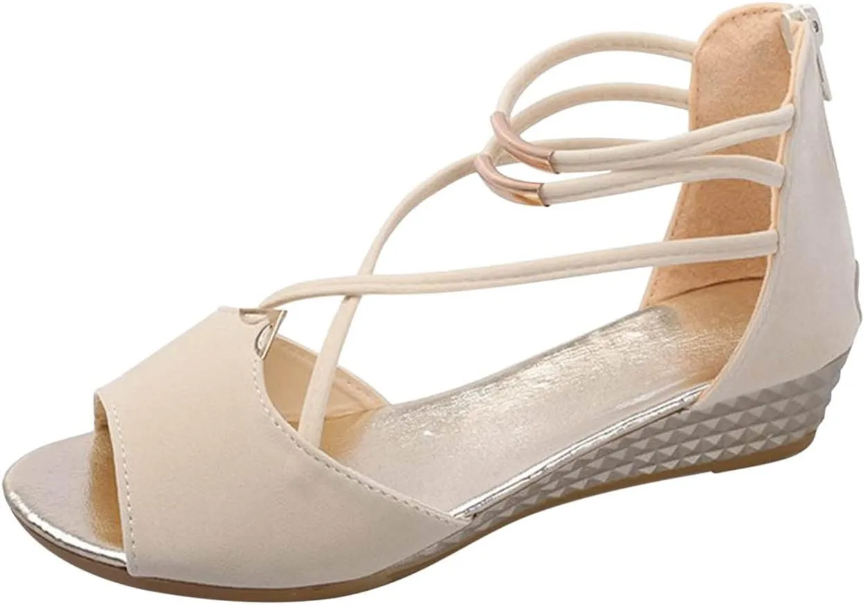Women's Open Toe Solid Sandals Back Zipper Strappy Trendy Flat Elegant Business Summer Sandal High Elastic Shoe