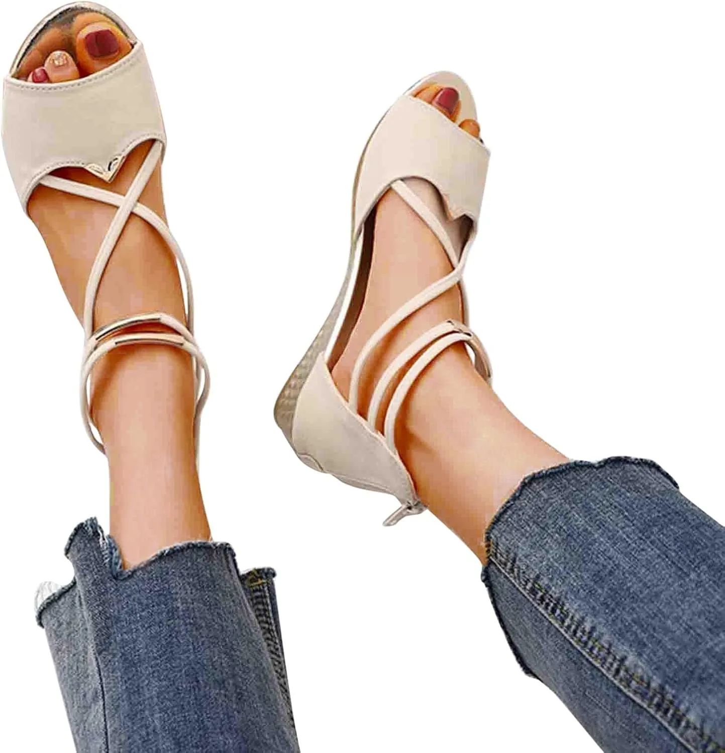 Women's Open Toe Solid Sandals Back Zipper Strappy Trendy Flat Elegant Business Summer Sandal High Elastic Shoe