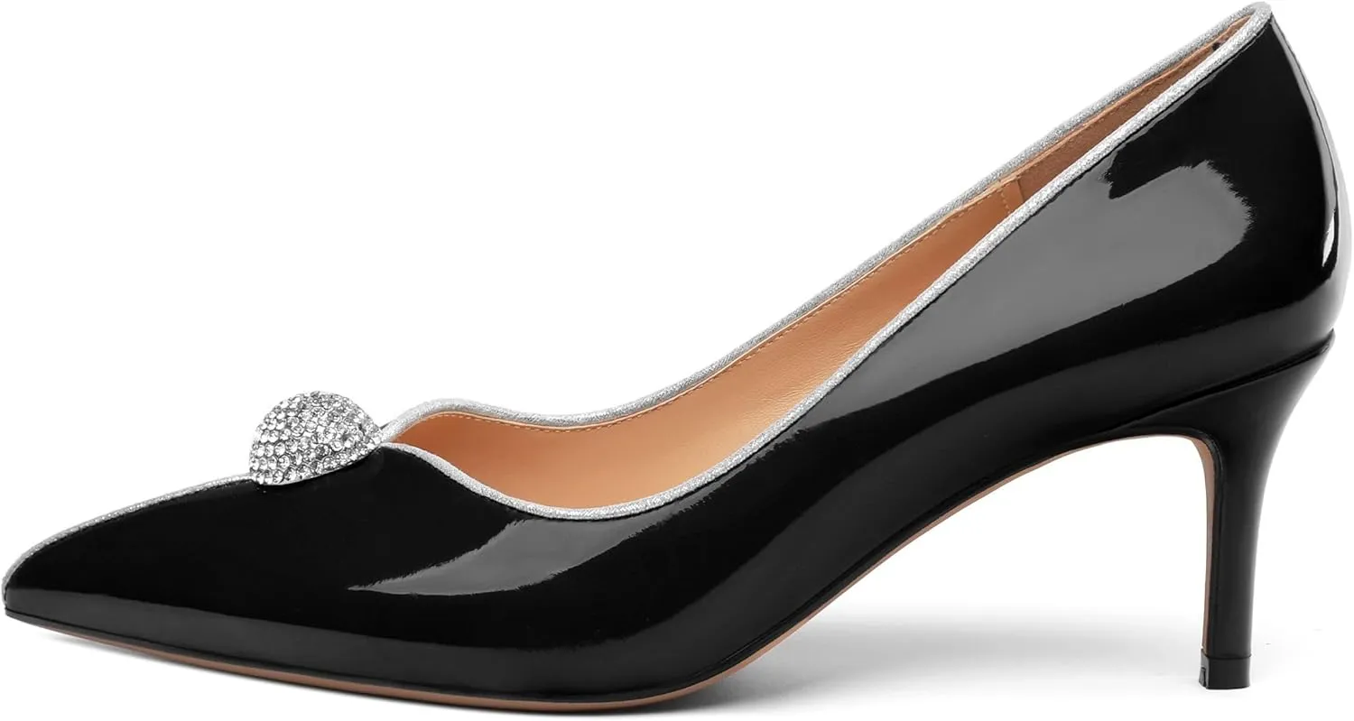 Women's Pointed Toe Heels for Women Stiletto Kitten Heel Slip-on Patent Pumps Elegant Dress Party Wedding Rhinestones Shoes 2.5 inch
