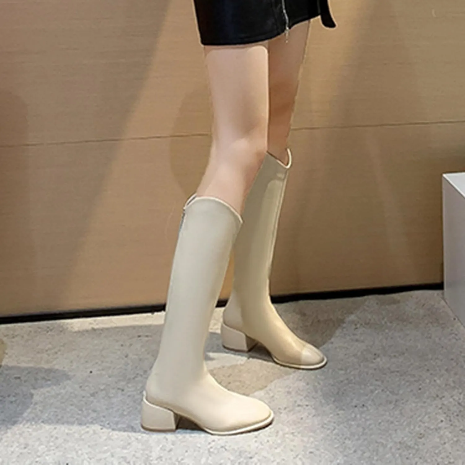 Women's PU Chunky Heel Pointed Toe Knee High Boots Comfortable Zipper Fall Winter Fashion Wedding Party Dress Boots