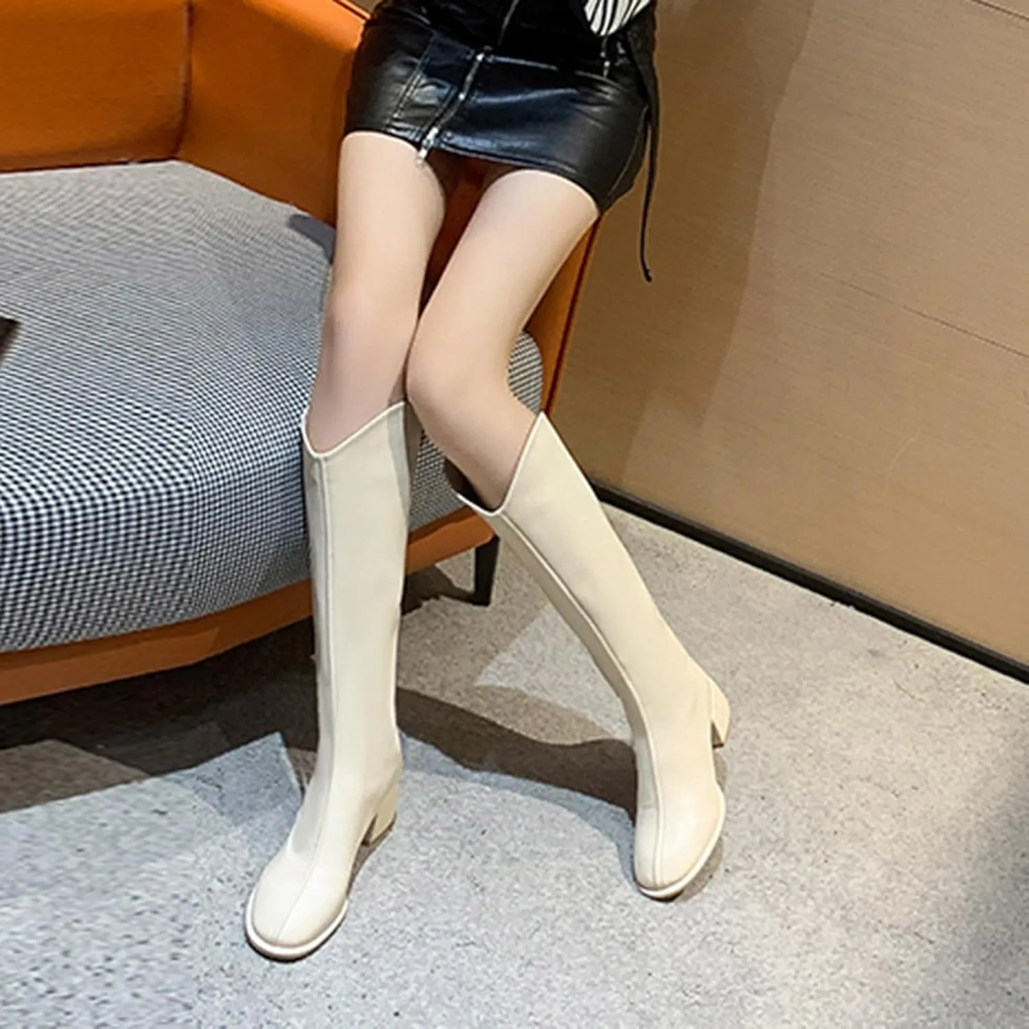 Women's PU Chunky Heel Pointed Toe Knee High Boots Comfortable Zipper Fall Winter Fashion Wedding Party Dress Boots