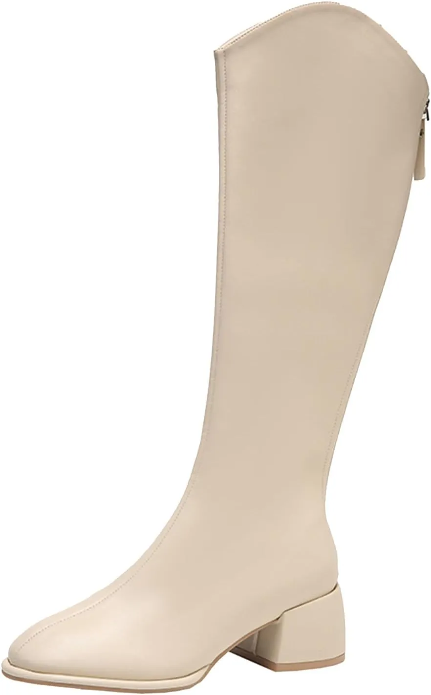 Women's PU Chunky Heel Pointed Toe Knee High Boots Comfortable Zipper Fall Winter Fashion Wedding Party Dress Boots