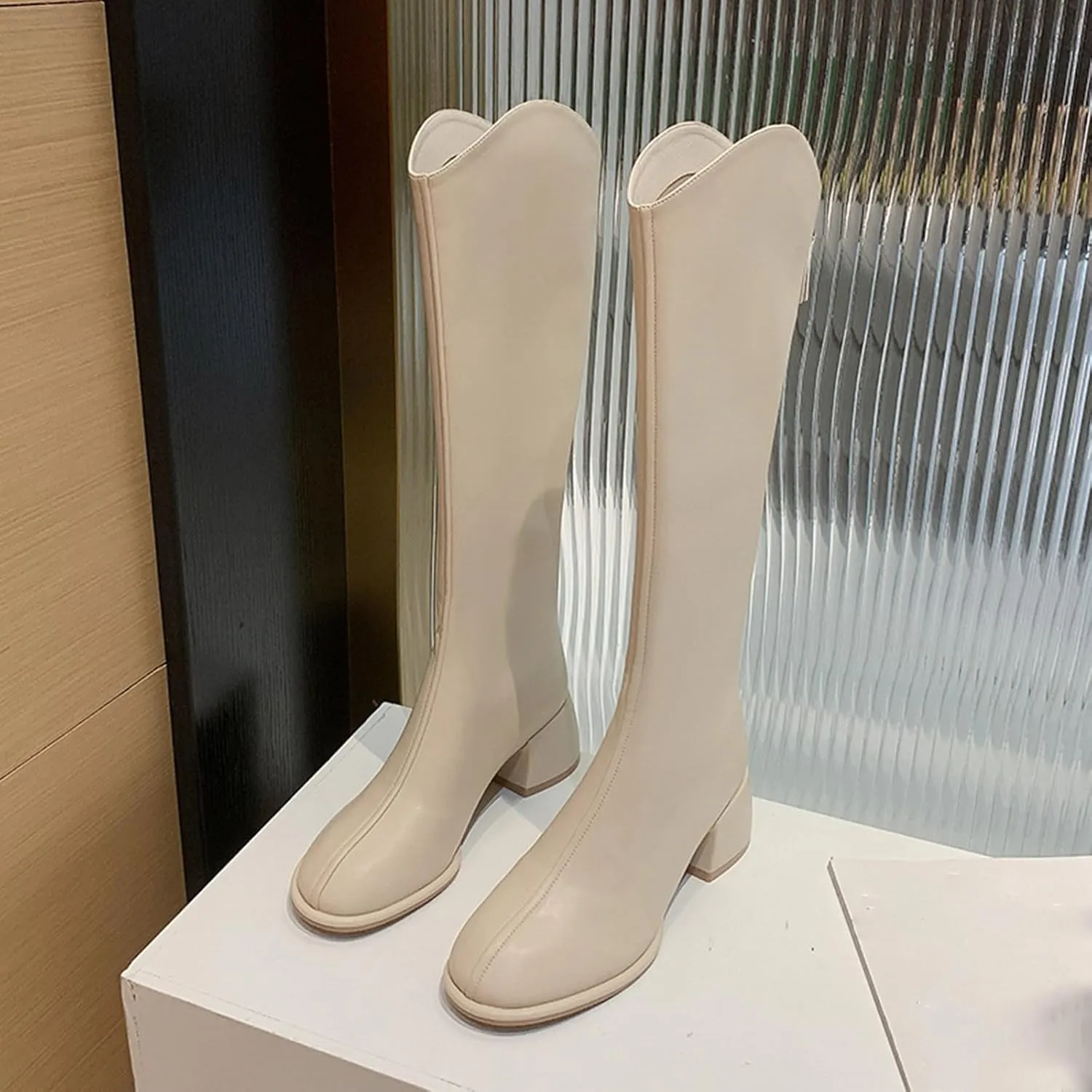 Women's PU Chunky Heel Pointed Toe Knee High Boots Comfortable Zipper Fall Winter Fashion Wedding Party Dress Boots