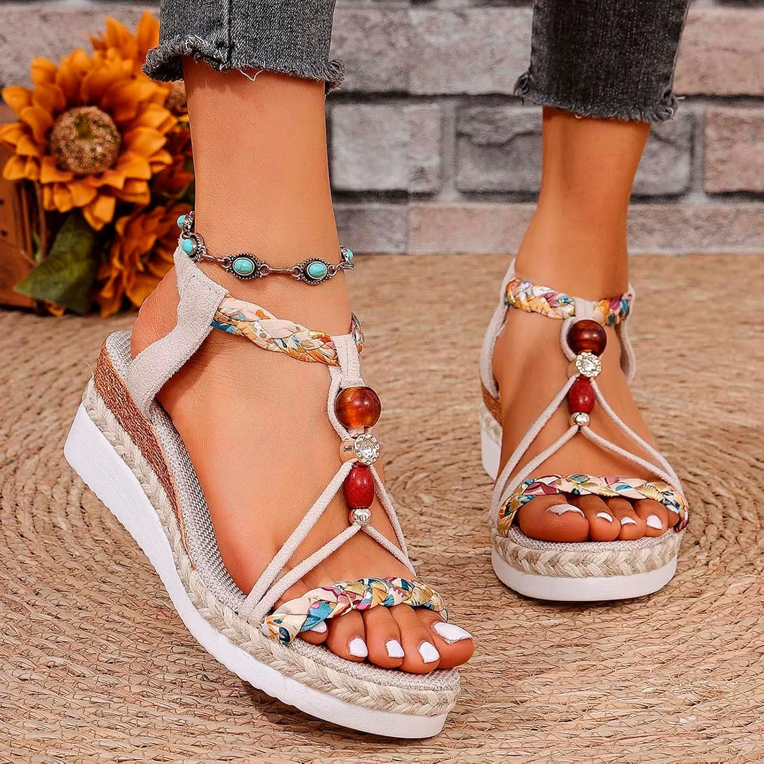 Women's Trendy Sandal Open Toe Walking Roman Summer Platform Sandals Summer Elastic Ankle Strap Beach Walking Sandals