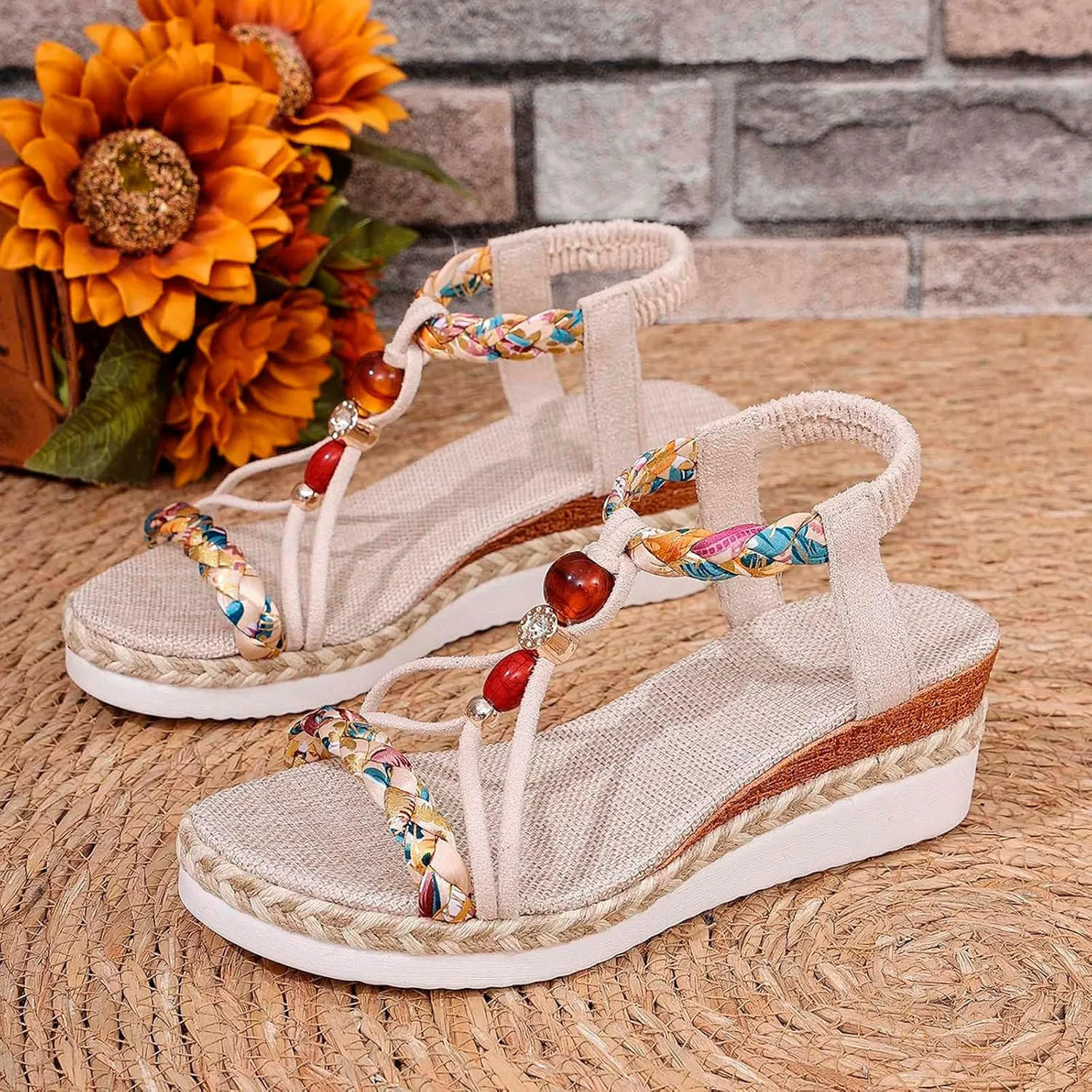 Women's Trendy Sandal Open Toe Walking Roman Summer Platform Sandals Summer Elastic Ankle Strap Beach Walking Sandals